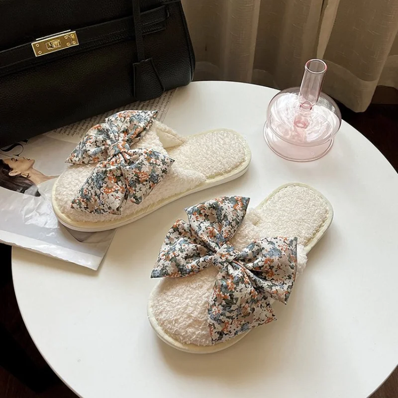 New Autumn and Winter Household Ladies Cotton Slippers Cute Bow Decoration Comfortable Slippers Female Furry Slippers Female