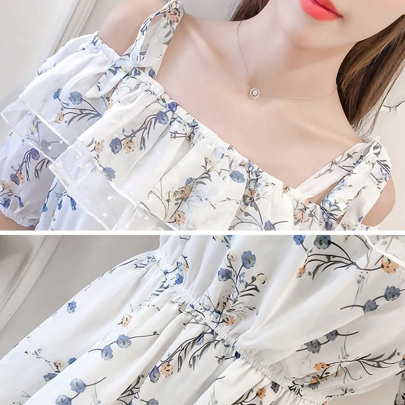 

Summer Women Fashion Chiffon Dresses 2021 New Korean Waist Sling Chiffon Floral Dress Slash Neck Off Shoulder Dress Women