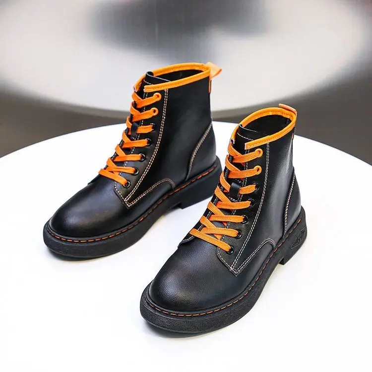 

Ladies Autumn Black Ankle Boots Young Lady Low Top Flat PU Leather Martin Boots Colorful Shoelaces Fashionable Comfortable Boots