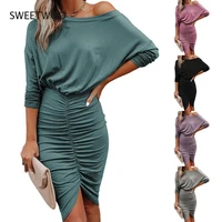 2021 autumn and winter new womens long sleeved dress solid color sexy oblique shoulder slim fit pleated hip dress party dress