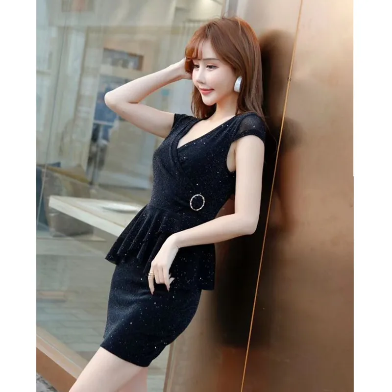 

Summer new women's fashion slim slimming ladies temperament low chest cover belly V-neck bag hip sexy short-sleeved club dress