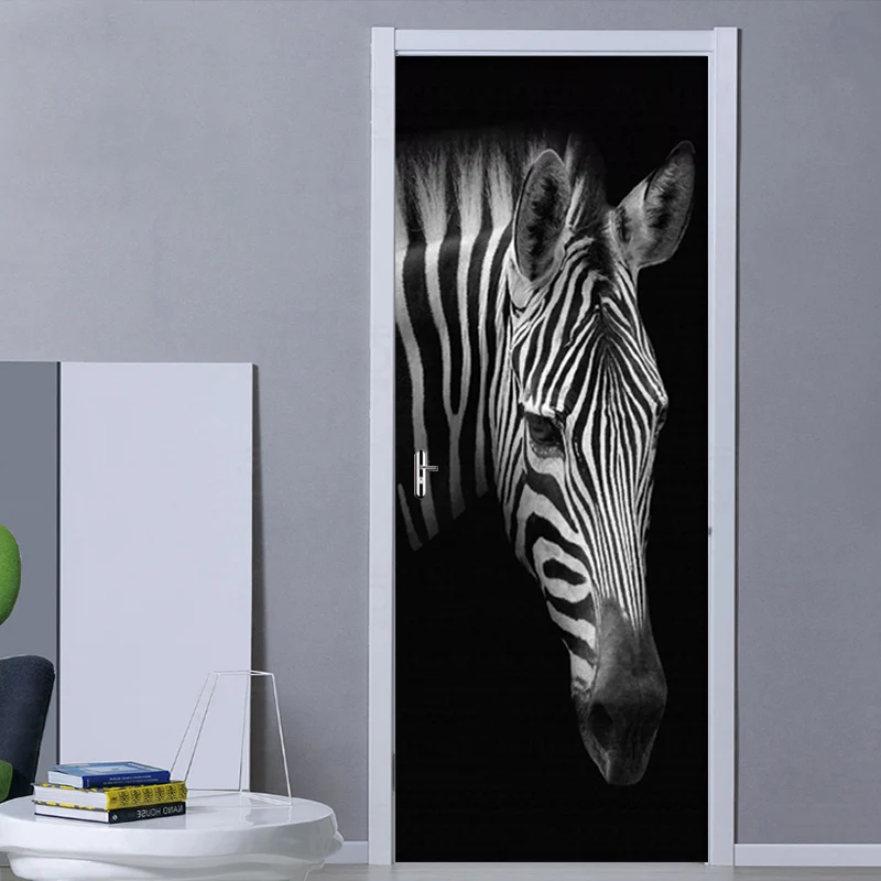 

DIY 3D Door Sticker PVC Self-adhesive Black White Zebra Photo Wallpaper Animal Decal Living Room Bedroom Door Home Decor Sticker