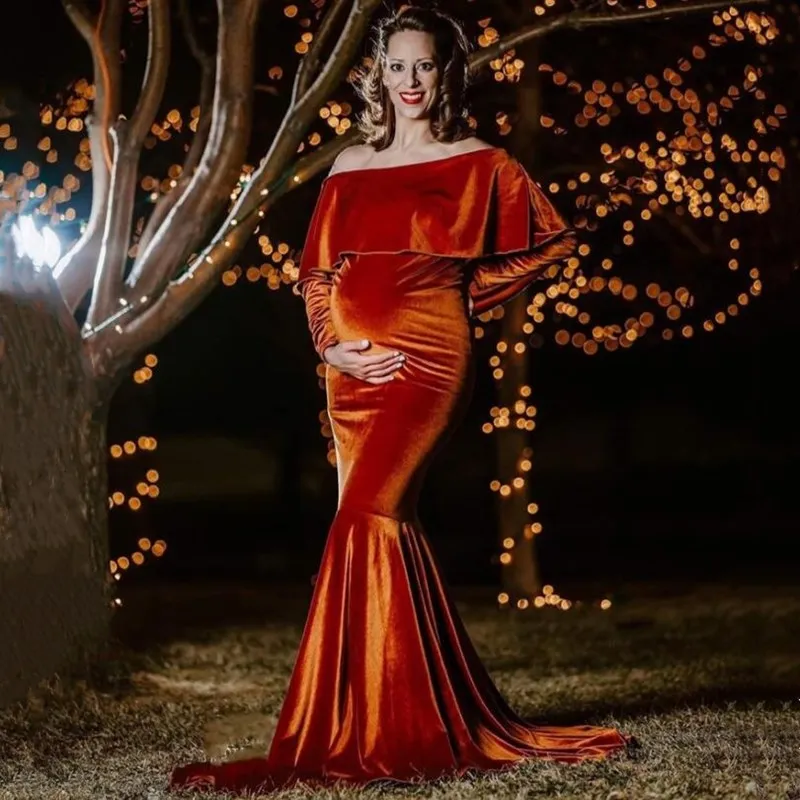 

Maternity Off Shoulder Fitted Velvet Gown Maxi Photography Dress Baby Shower Pregnancy Ruffles Long Sleeve Photo Props Clothes