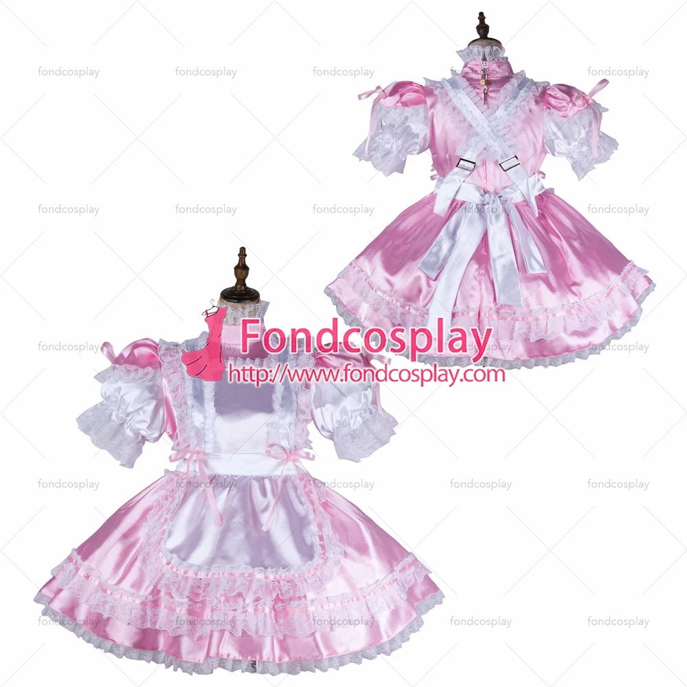 fondcosplay adult sexy cross dressing sissy maid baby pink satin dress lockable Uniform white apron costume Tailor-made[G2145] |