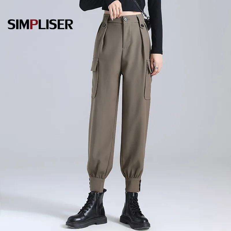 

Брюки-карго женские, черные, хаки, с карманами, Лоскутные, с высокой талией, уличные, 2021, весна брюки Харадзюку