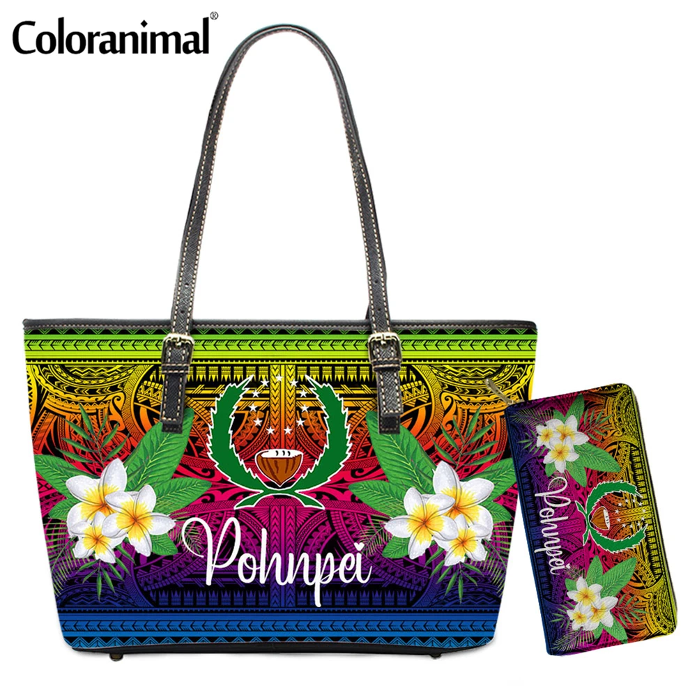Coloranimal New Fashion PU Shoulder Bag For Women Pohnpei Polynesian With Plumeria Flower Printed Ladies Handbag 2Set Tote Bolsa