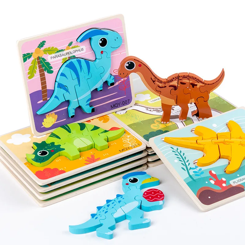 

2021 new wooden 3D dinosaur jigsaw puzzle children's cartoon imposition 1-3 years old puzzle early education fun toys