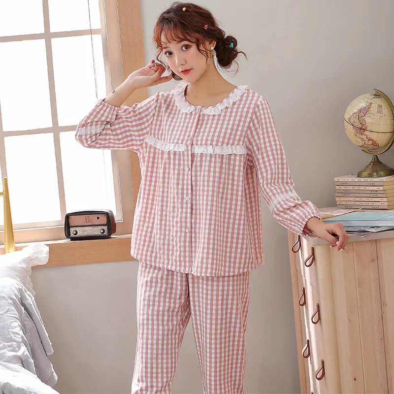 Women Pajamas Set Sleeping Suits Lace Plaid Cute Sleepwear Casual Home Clothing Female Pyjamas Princess Nightwear PJ Sets Pink