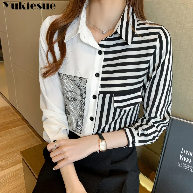 Женская блузка в полоску свободная рубашка с длинным рукавом офисном стиле