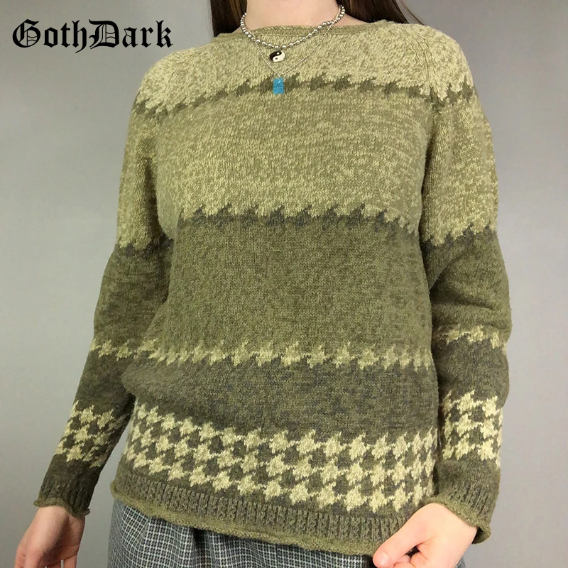 

Goth Dark Striped Gothic Casual Fall Winter Sweaters Women Knitted Fairycore Grunge Green Pullovers Long Sleeve Slim Streetwear
