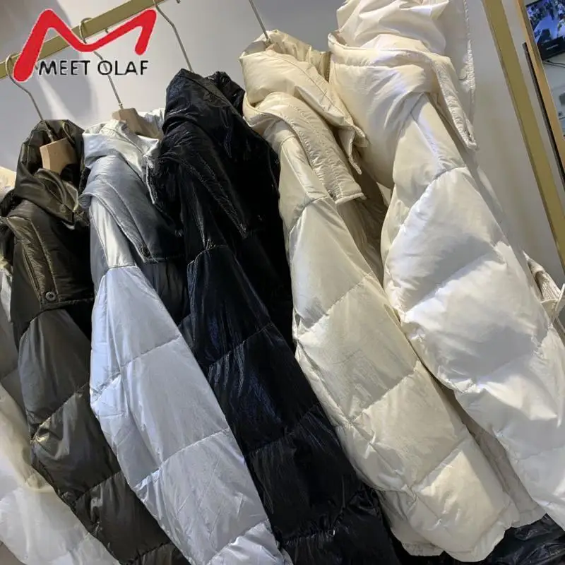 Casual Loose Glossy Hooded Down Jacket Women Fashion Solid Winter Thick Warm White Duck Coats Female Elegant Belt Parkas | Женская