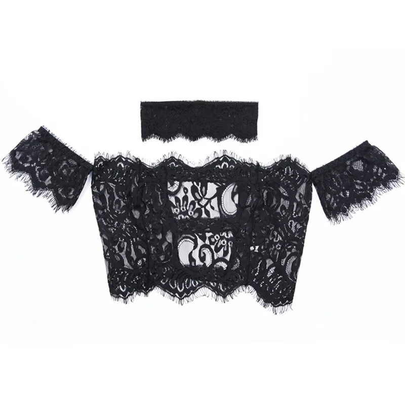 

Sexy Women Lace Off Shoulder Tube Tops Strapless See Through Short Sleeve Club Summer Short Lingerie Crop Top Underwear White