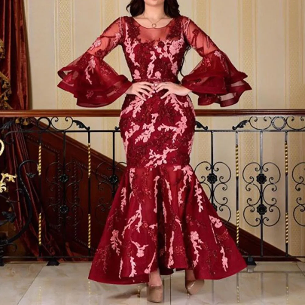 Red Women Party Mermaid Dresses 2020 Summer Ruffle Lace Round Neck Flare Sleeve Long Dress Robe Femme Vestiods Dinner | Женская одежда