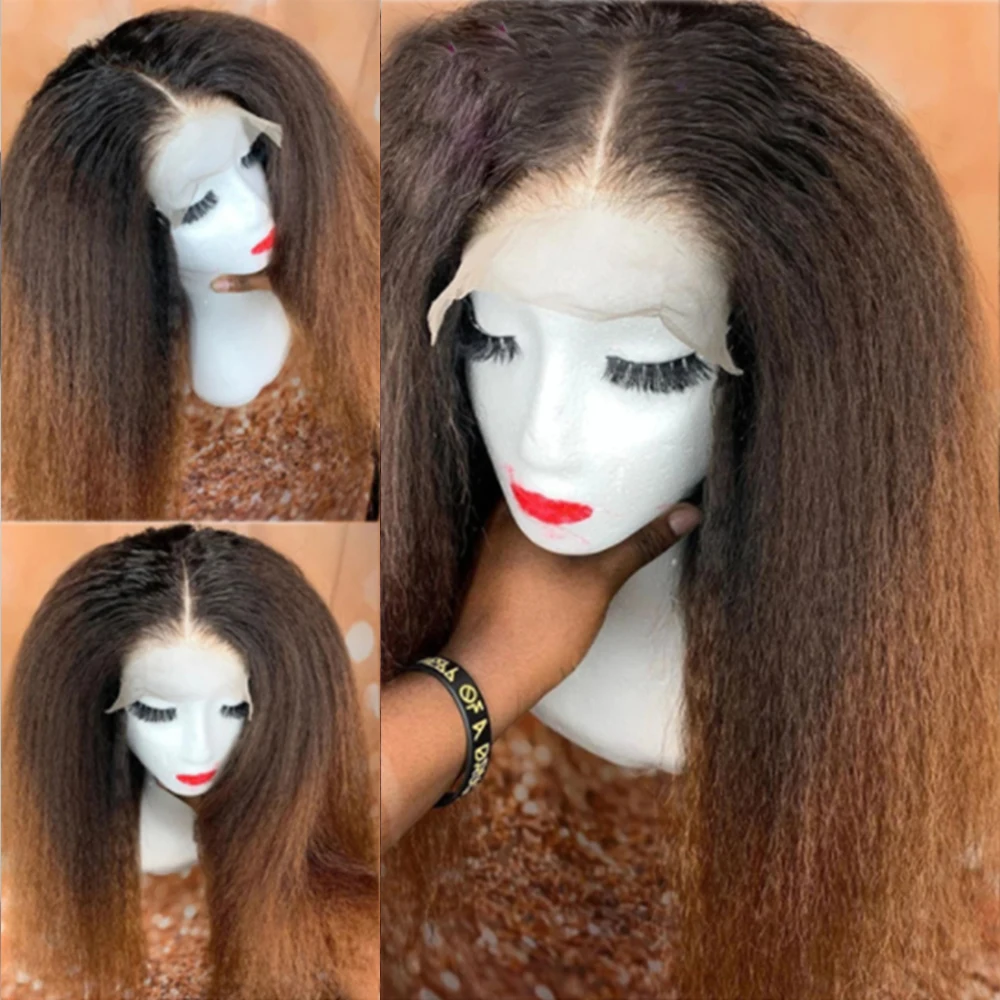 Ombre Kinky Straight Human Hair Italian Yaki Lace Frontal Wig Brazilian Coarse Yaki Virgin Hair Wigs Perruque Cheveux Humain