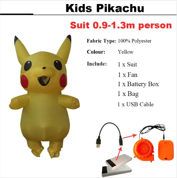 Kids Pikachu Мужской взрослый Надувной Костюм Пикачу, аниме, косплей, карнавальный, фэнтези, Покемон, талисман, Хэллоуин, Пикачу, костюм для детей, женщин - Цвет: Kids Pikachu