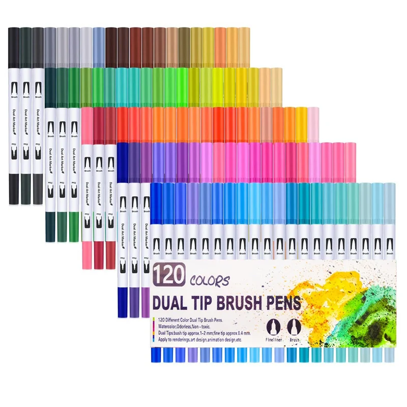 

120 Colors Dual Brush Pen Art Markers Include 2mm Brush Tip 0.4mm Fine Tip for Drawing Sketching Painting Creating Watercolour