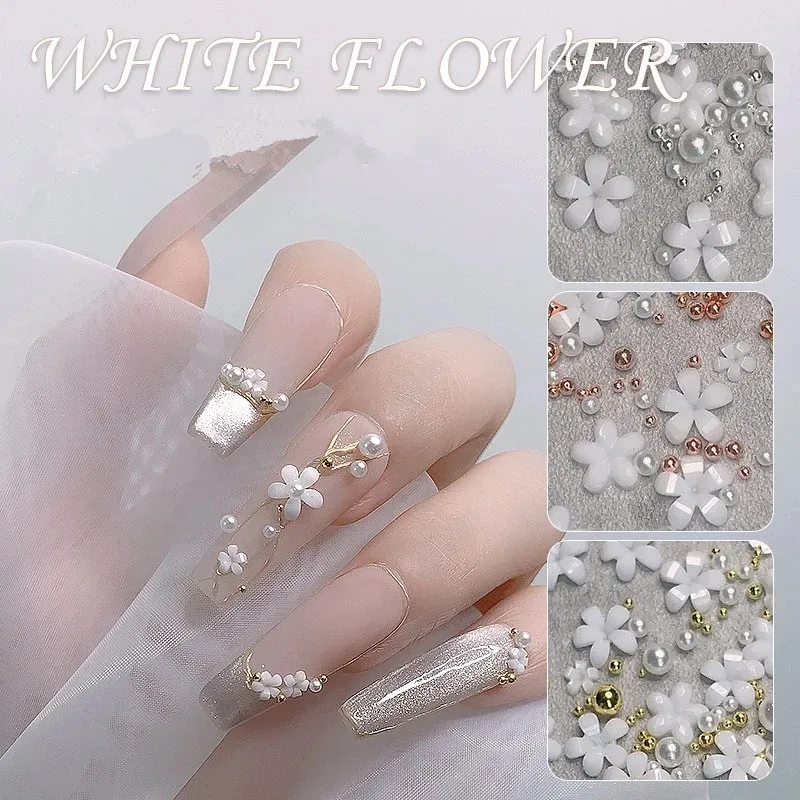 

Multiple White Flower Steel Ball Nail Art Decorations Resin Snowflower Slices Caviar Beads Nails Rhinestone Manicure Accessories