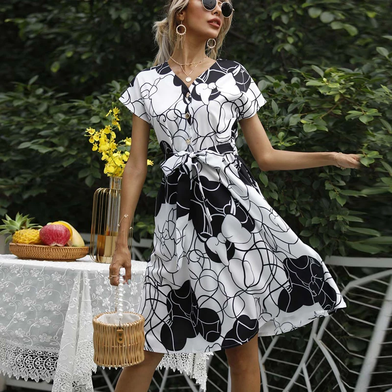 

Women's Fashion Sexy Print V Neck Short Sleeve Buttons Bandage Pockets Tunic Patchwork Ladies Knee Lenght Dress