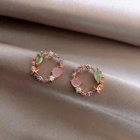 fashion fairy round stud earrings for women korean style simple rhinestone stud earring pink exquisite bijoux jewelry ht176