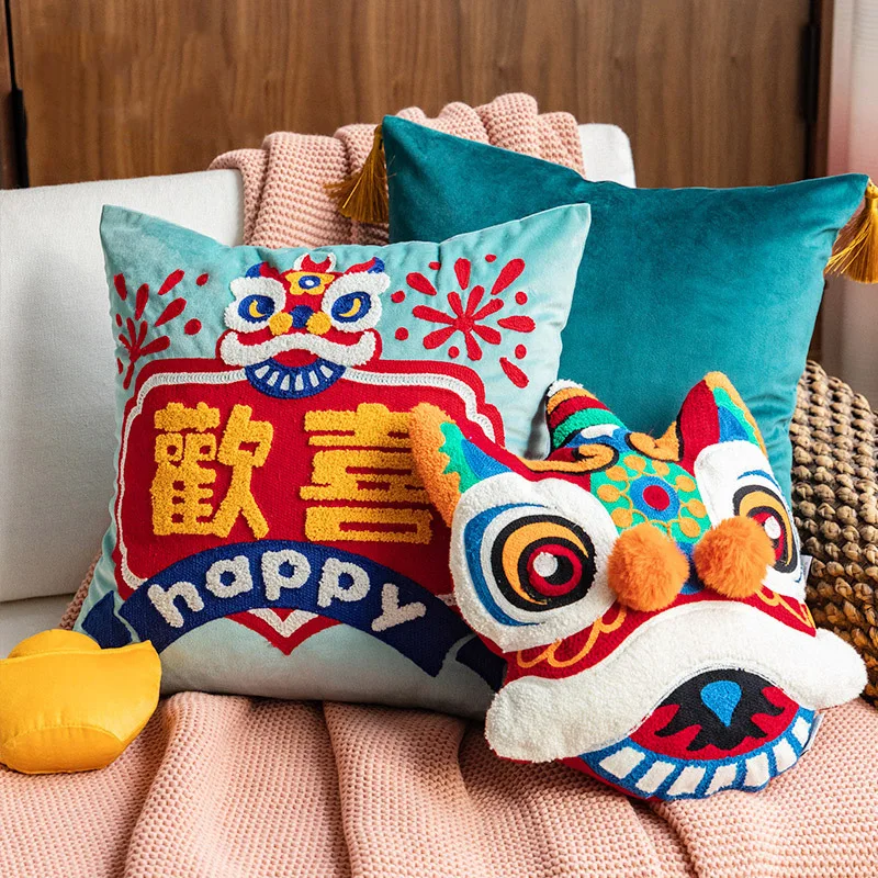 

Cushion Cover Decorative Pillow Joy Chinese Traditional Dance Lion Embroidery Cushion Cover Sofa Chair Bedding Home Decor