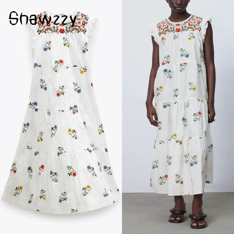 

2021 Za White Embroidered Summer Dress Women Elegant Sleeveless Ruffle Party Dresses Woman Chic Back Opening Print Midi Vestidos