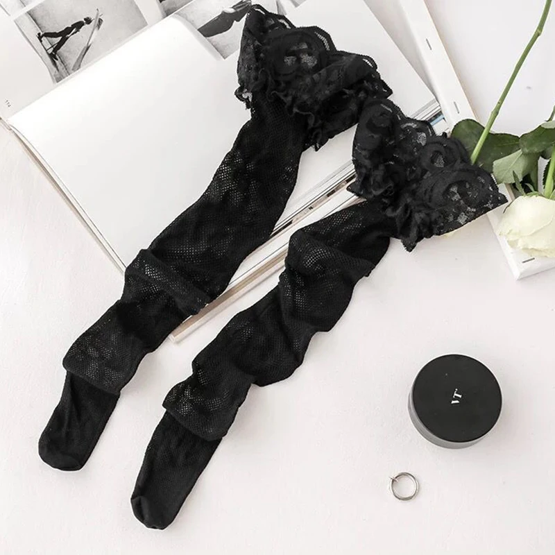 

Sexy Ladies Black White Over-The-Knee Fishnet Long-Tube Lace Wide-Brim Bodysuit Special High-Quality Garter Elasticity Stockings