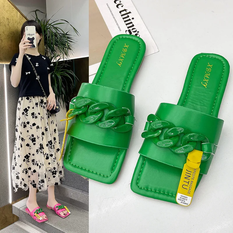 2021 New Summer Slippers For Women Ladies Square Toe Flat Slides Metal Decoration Female Sandals Beach Shoes Candy Color PW144