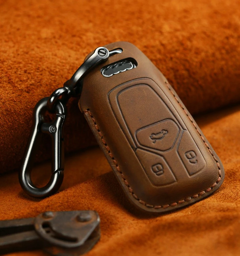 brown Автомобильный чехол-держатель из натуральной кожи ручной работы для Audi New Q7 TT A4 B9 A7 TDI Quattro TTS Sline Smart Key защита - Название цвета: brown