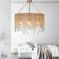 american copper chain blue glass drop chandeliers lights retro luxury living room bedroom lamps french dining hanging fixtures