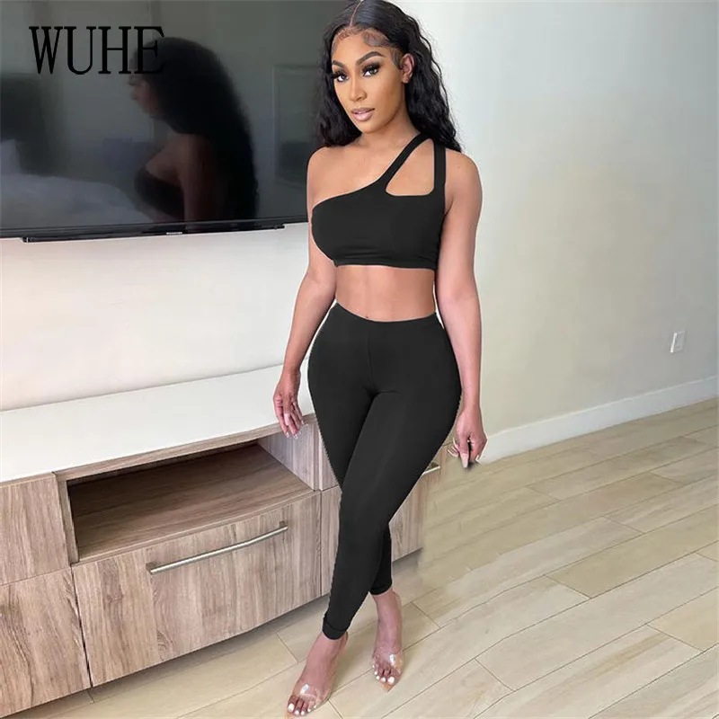 

WUHE Elegant Women 2 Piece Office Work Irregular Hanging Shoulder Hollow Out Top + Skinny Pencil Pants Casual Sports Outfits