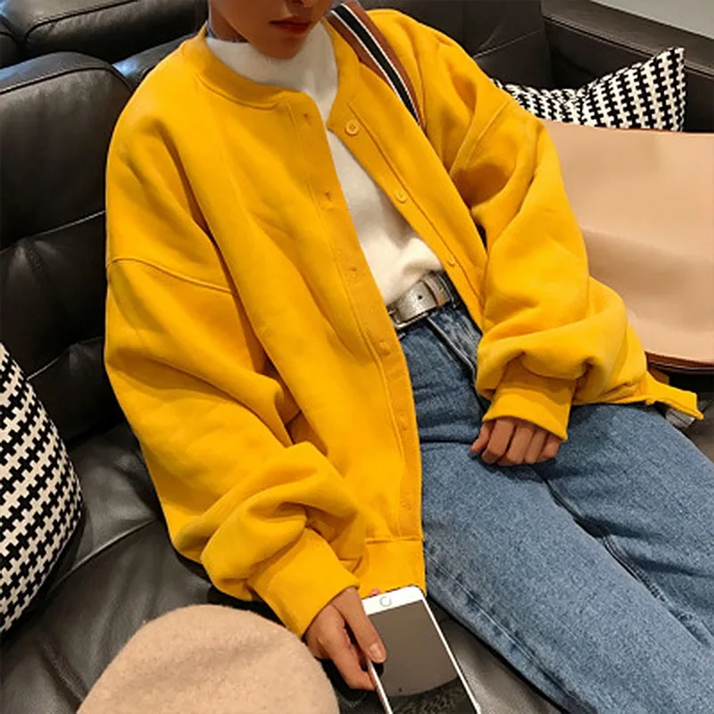 

Basic Jackets Women Solid Yellow Plus Velvet Korean Preppy Style Elegant Vintage Simple Chic Autumn Ladies Tops Loose Casual New