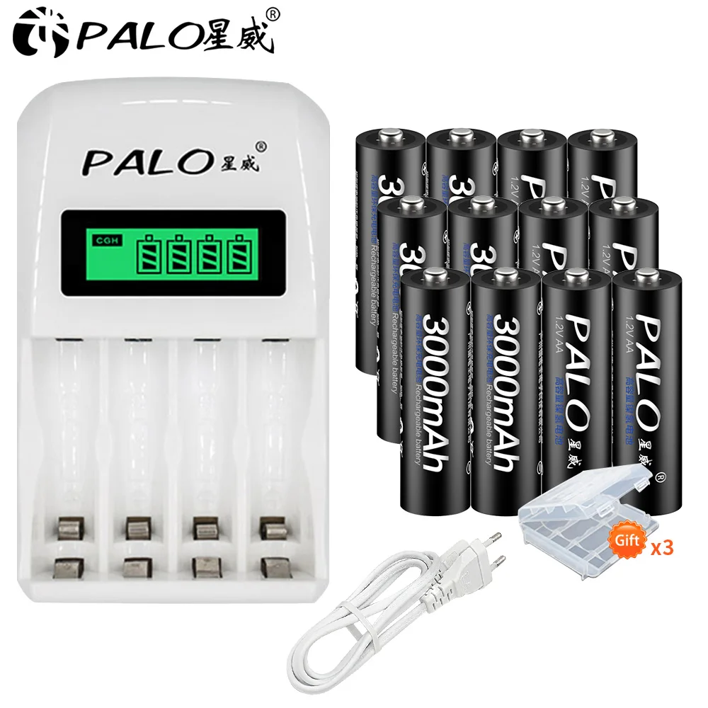 PALO 8 шт. AA 3000mAh Ni-MH 1,2 V перезаряжаемые батареи aa аккумулятор с ЖК-дисплеем смарт-зарядное устройство - Цвет: 12PCS with charger