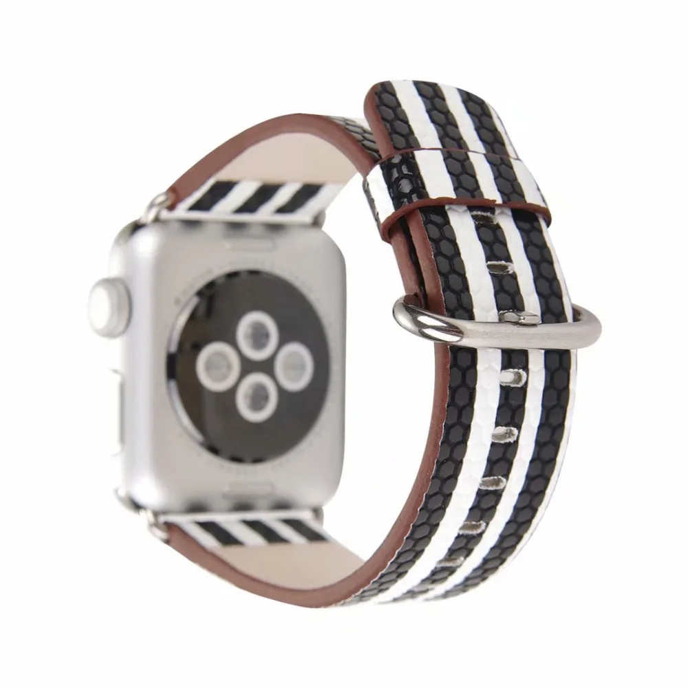 Черно белый кожаный браслет ремешок для Apple Watch 42 мм 38 40 44 iWatch 5 4 3 2 1 полосатый узор