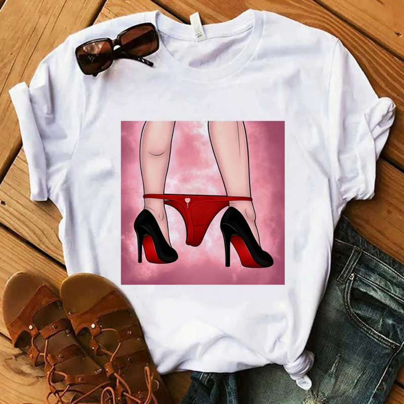 Camiseta tacones Футболка Harajuku с коротким рукавом губа помада Высокий каблук Женская