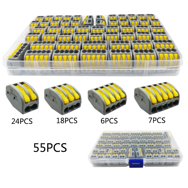 55PCS Yellow Тип коробки Кабельный разъем в коробке клеммный блок компактный Универсальный Домашнее освещение провода разъем для внутреннего Гибридный быстрый разъем - Цвет: 55PCS Yellow