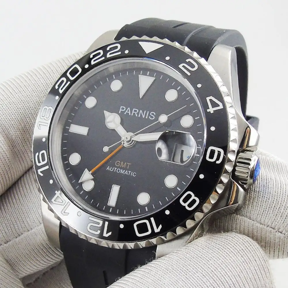 PARNIS 40 мм полированный чехол автоматические мужские часы резиновый ремешок GMT