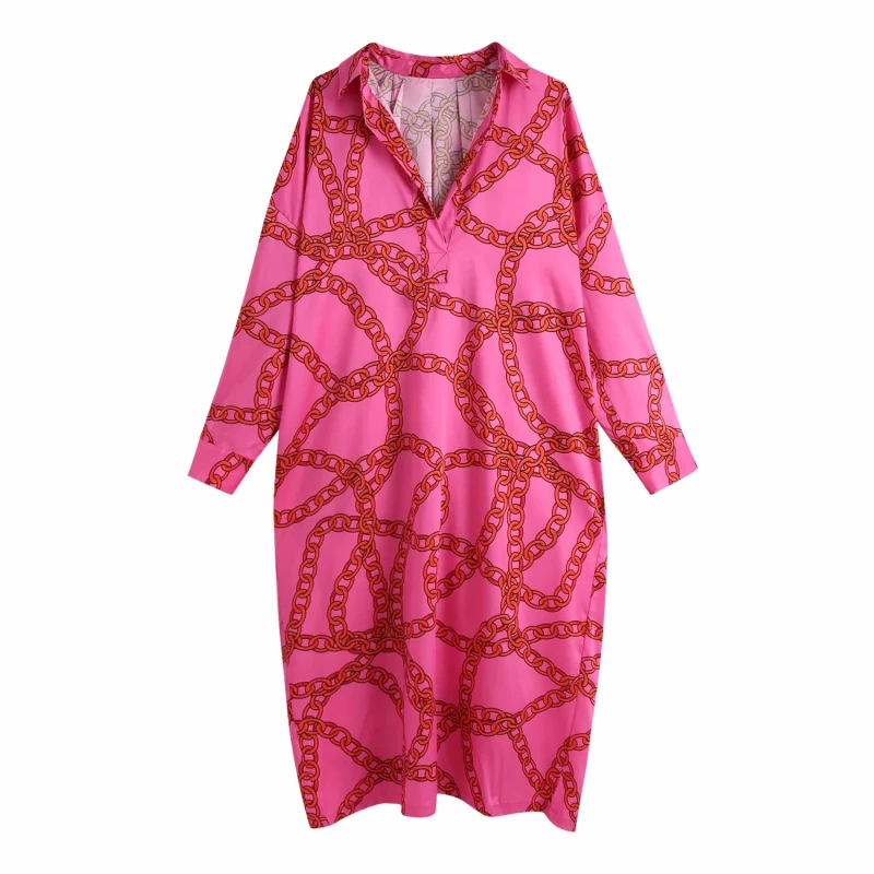 

Vintage Elegant Chain Print Rose Loose Long Dress Women 2021 Fashion Lapel Collar Dresses Female Chic Vestidos