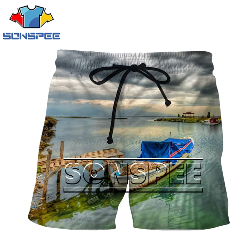 

SONSPEE Men Shorts 3D Printing Boat Fisherman Sea Beach Landscape Fashion Casual Outdoor Travel Swimming Movement Beach Shorts