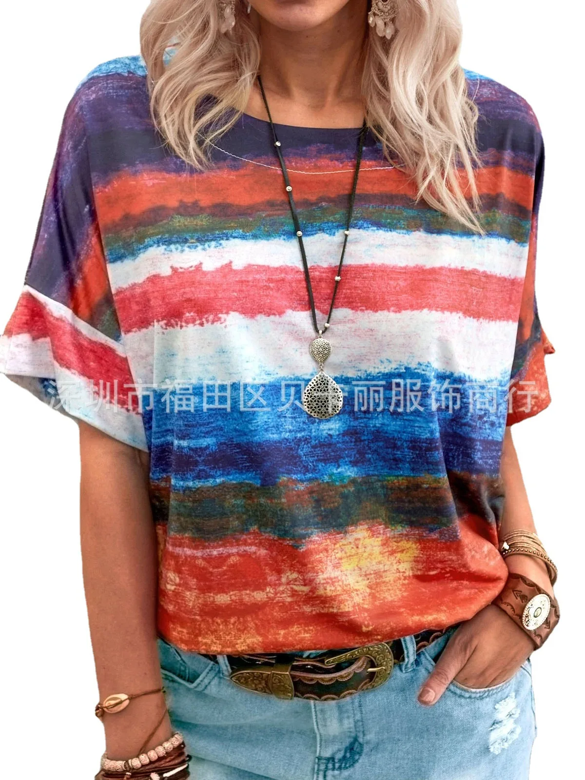 

2021 summer loose short sleeve casual print round neck bottomed T-shirt blouse