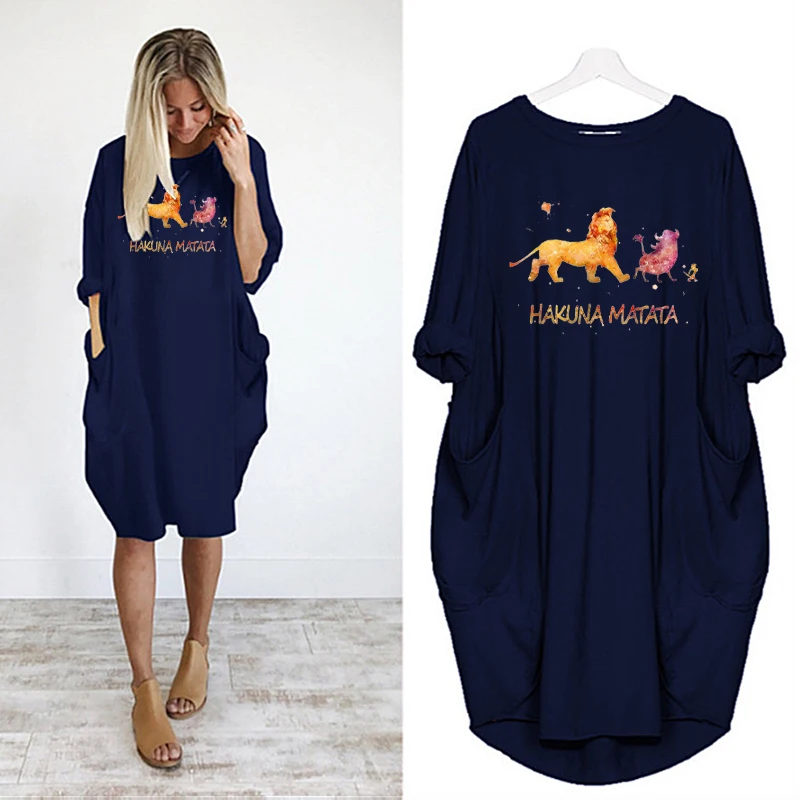 

Dresses for Women Casual The Lion King Simba Cartoon Print Long Sleeve Midi Dress Autumn Loose Beach Robes Streetwear