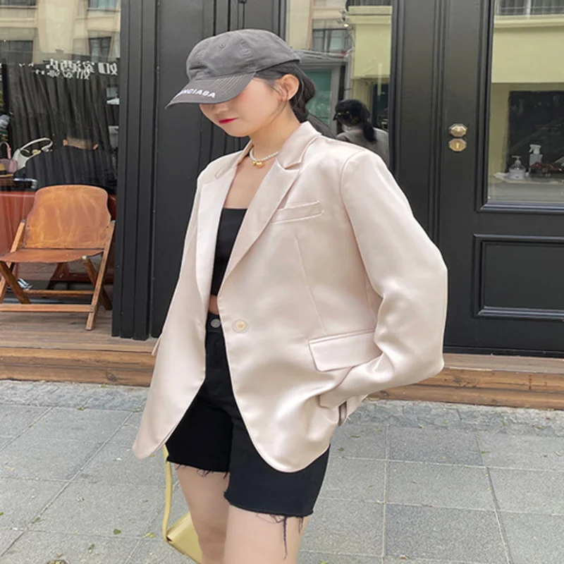 

SHENGPALAE Temperament Blazer Women's Spring Autumn 2021 New Notched Loose Single Button Long Sleeve Suit Coat Female 5E1057