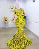 long prom dresses 2021 sheer o neck mermaid style yellow sequin african black girls prom party dress