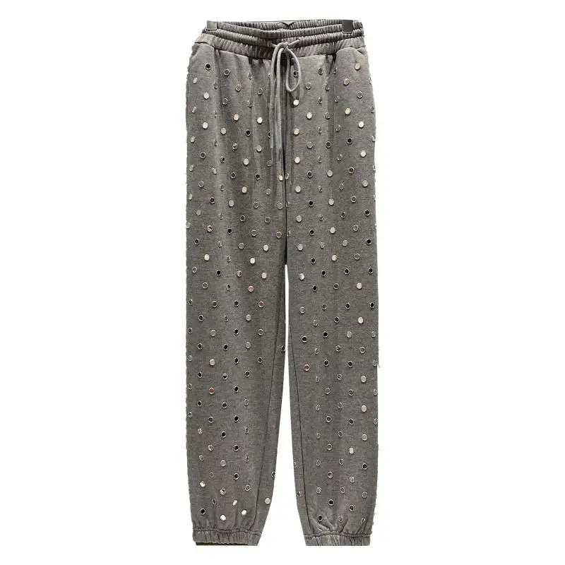 

2021 Spring New Full Leg Rivet Women Sweat Pants Drawstring Elastic Waist Loose Gray Pants