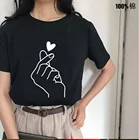 Забавная футболка, футболки, Корейская стильная хипстерская Футболка с принтом в виде сердца и пальцев, Женская хипстерская футболка с коротким рукавом и принтом на лето