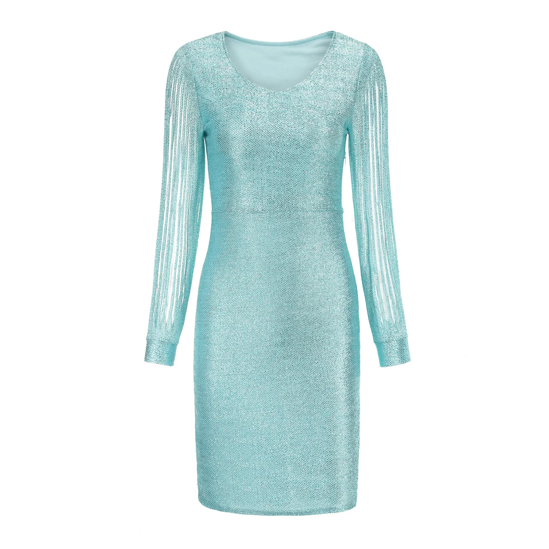 

Sequins Party Dresses Summer Female Clothing 8 Colors Sexy V-neck Bodycon Dress Woman Long Sleeve Hollow Tassel Evening Dresses