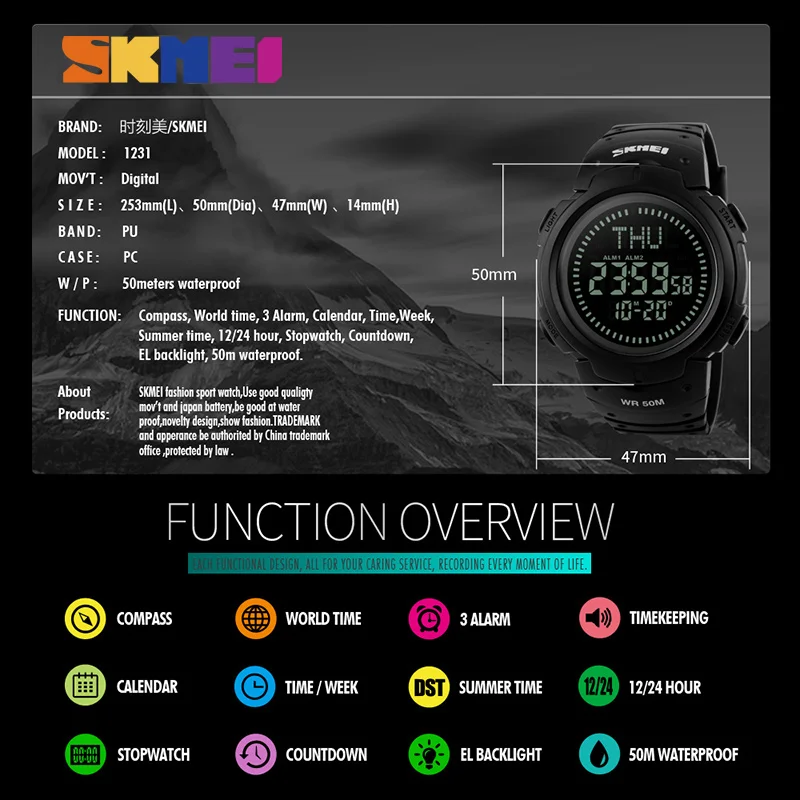 

SKMEI Outdoor Sport Watch Men Compass Countdown Watches 5Bar Waterproof Multifunction Digital Watch Relogio Masculino 1231