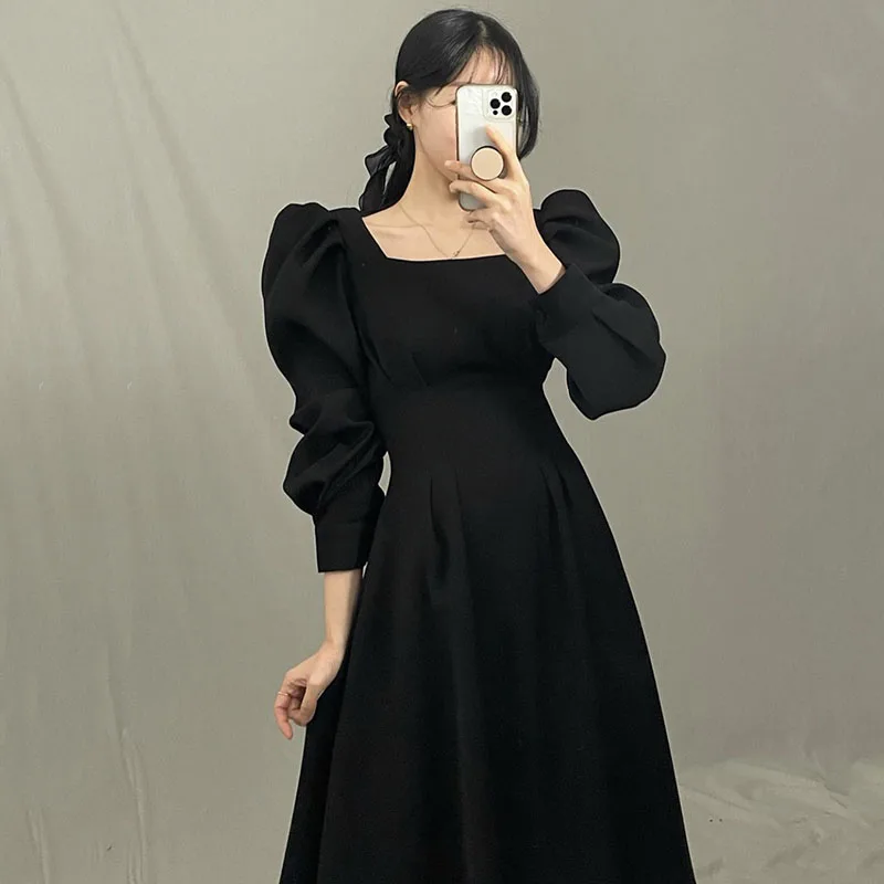 

Korean Fashion One-Piece Women'S Dress 2021 Fall French Elegant Square Neck Puff Sleeve Pleated Waist Ladies Casual Party Dress