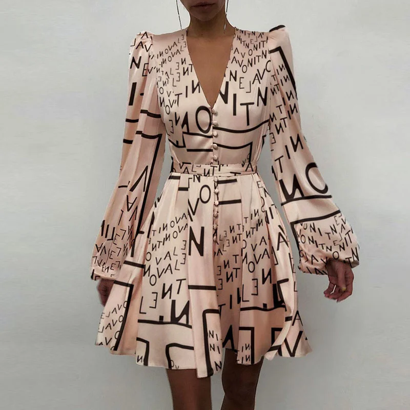 

Fashion Satin Solid Long Sleeve Dress 2021 Spring Elegant Women Button A-Line Mini Dress Casual Loose V-Neck Party Dress Vestido
