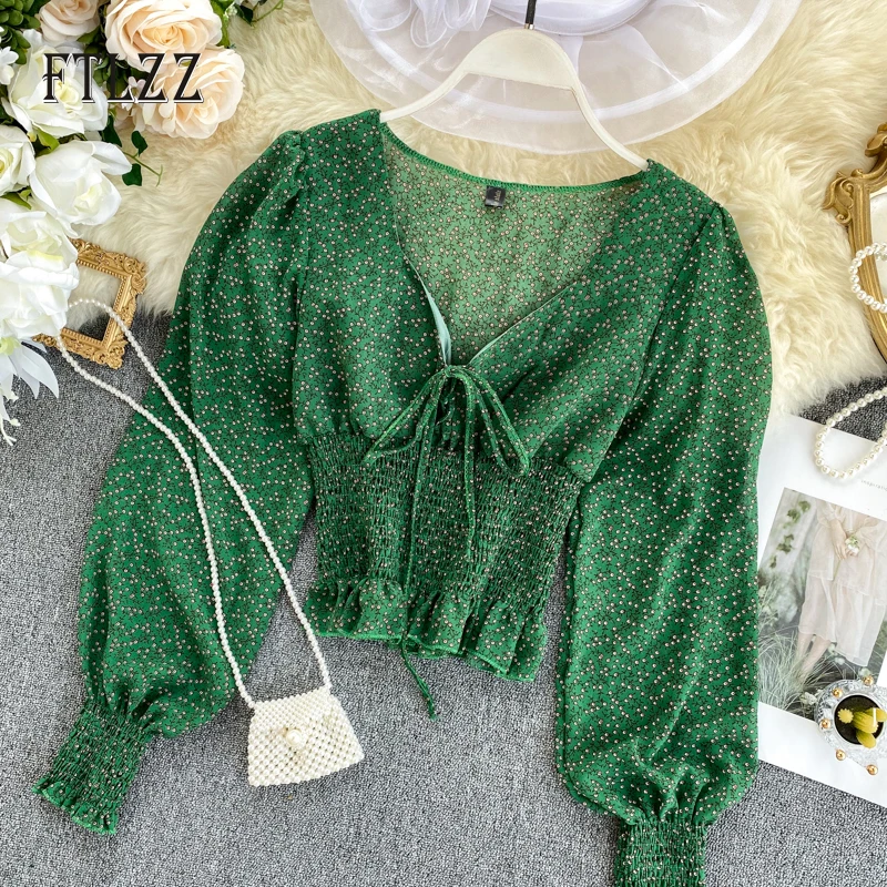 Женская шифоновая блузка с цветочным принтом винтажная облегающая пляжная