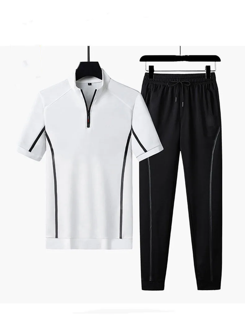 

2021 spring and autumn men's suit sports and leisure stand-up collar men's T-shirt nine-point pants breathable two-piece suit